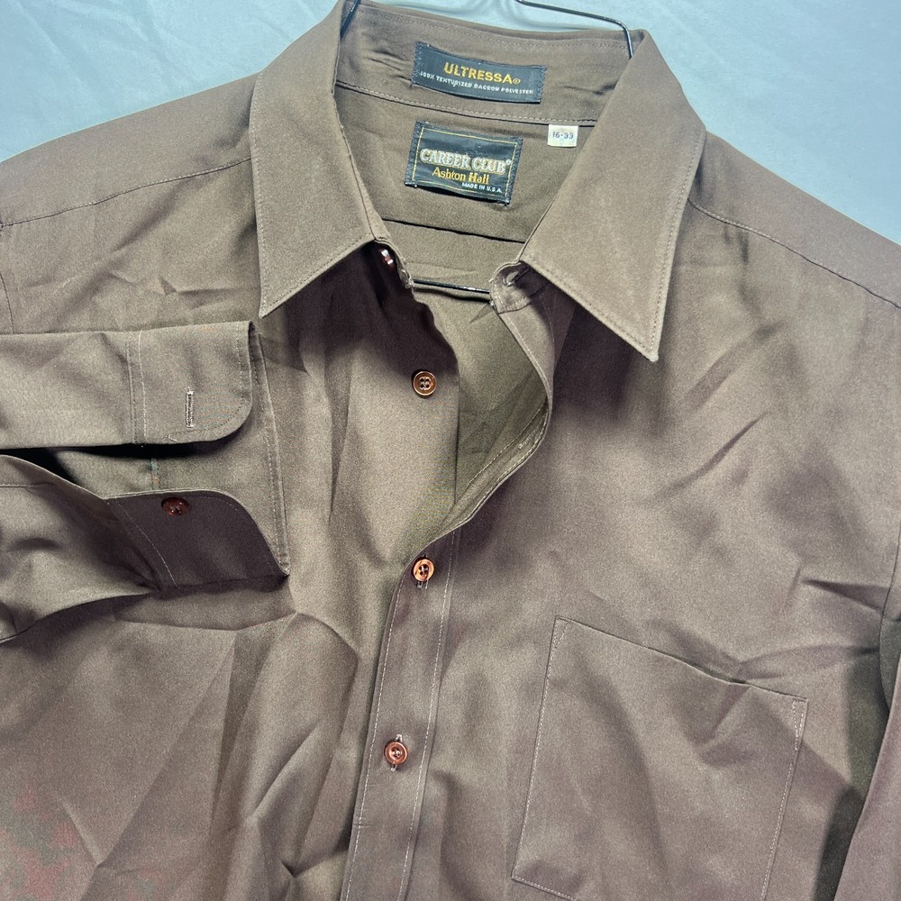 True Vintage Button Up Shirt Mens 16 Brown Long Sleeve Ultressa Dacron 70s